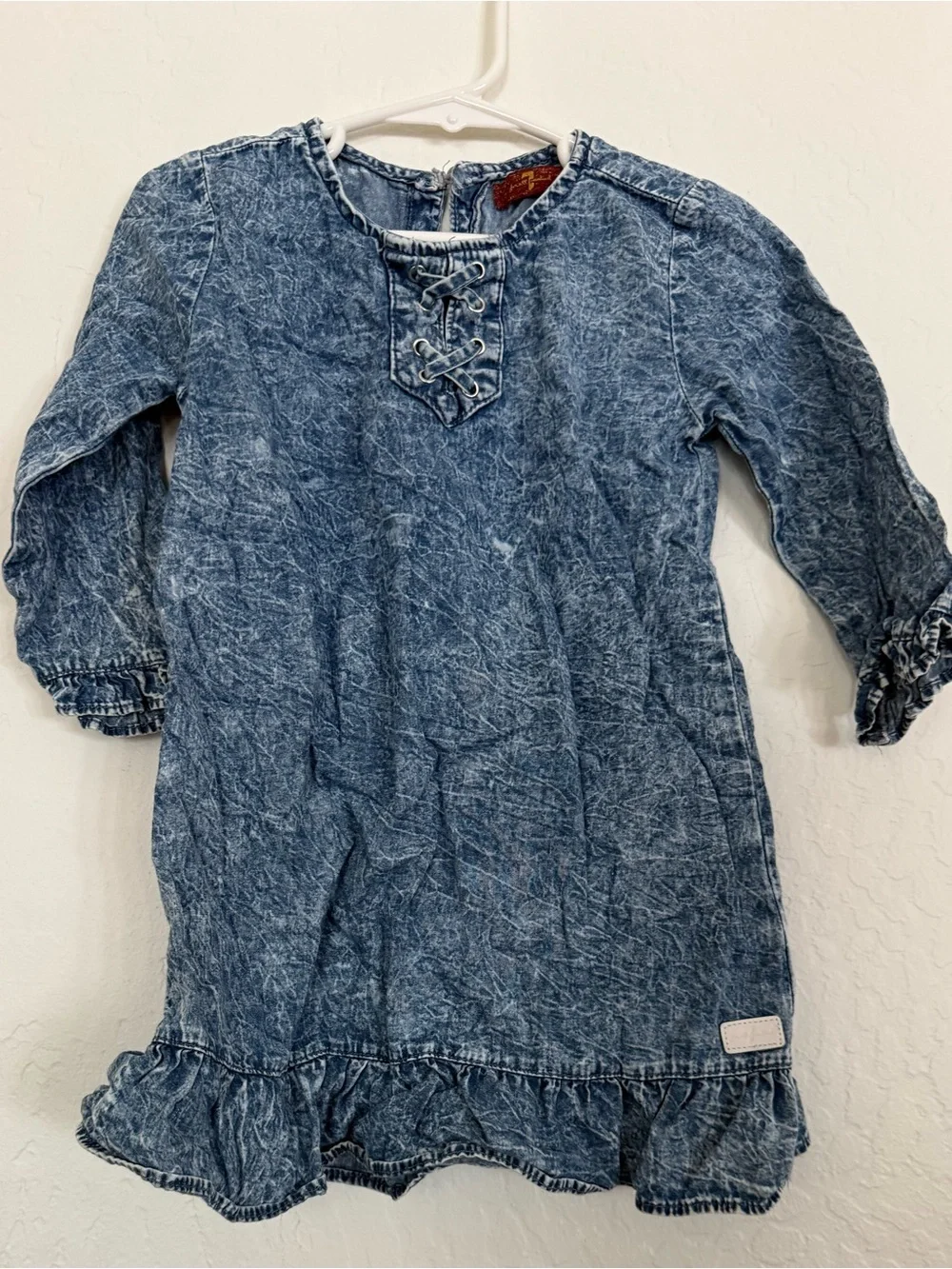 7 For All Mankind Girls' Blue Acid-Wash Lace-Up Denim Dress